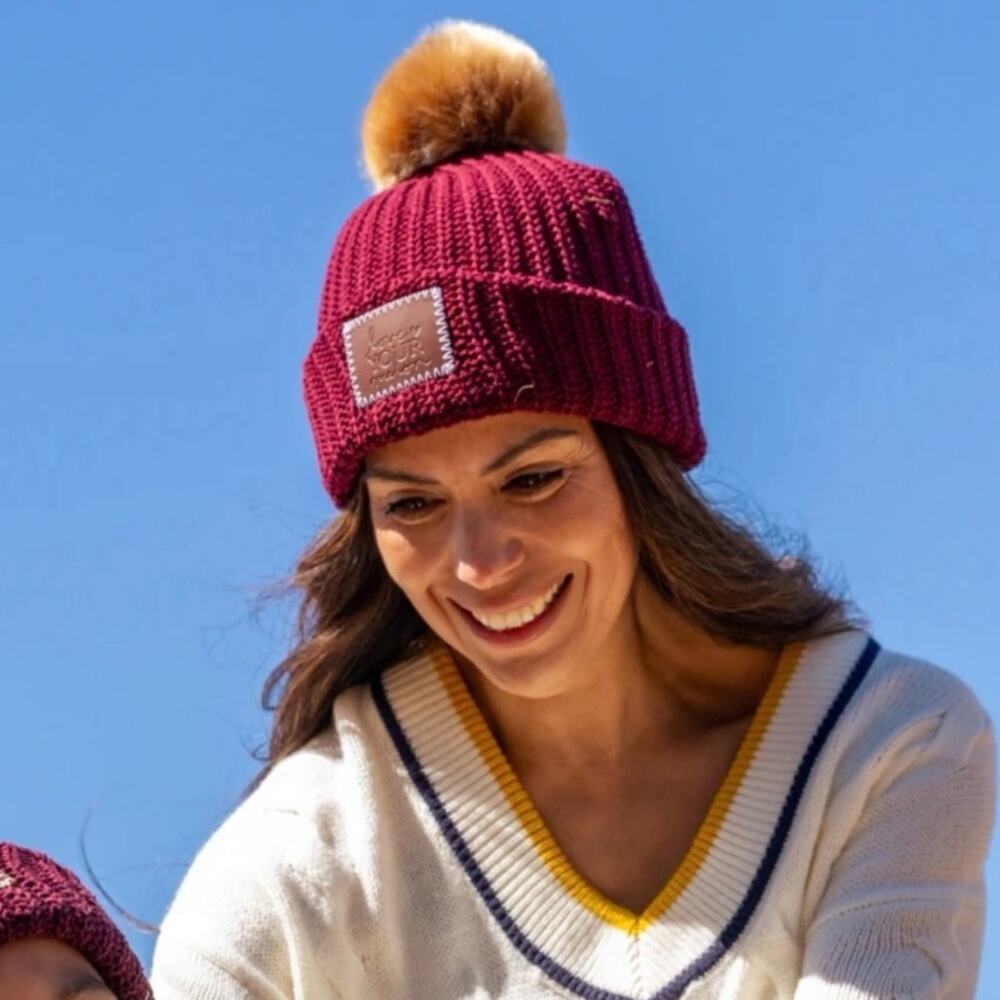 Love Your Melon Burgundy Pom Beanie Natural Pom Cableknit One Size Womens